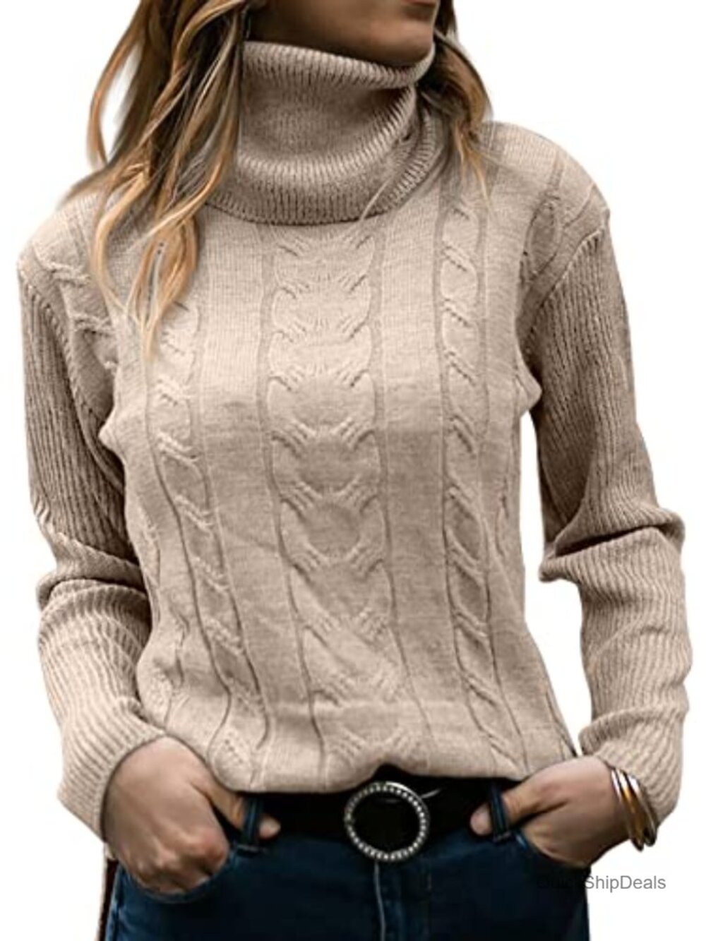 Turtleneck Long Sleeve Cable Knit Pullover Sweater Slim Fit